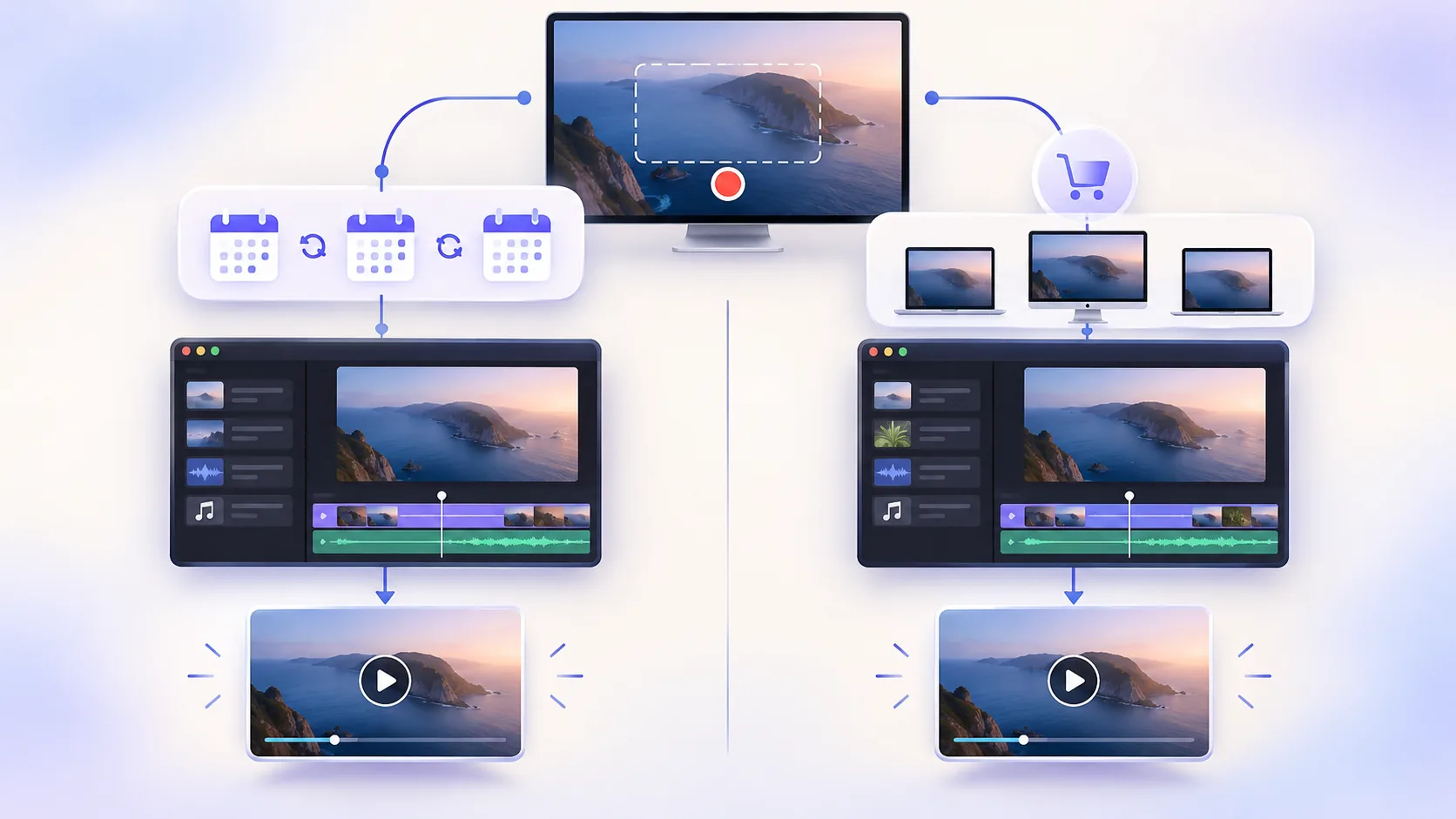 Two Mac screen video workflows branching toward local ownership and subscription access