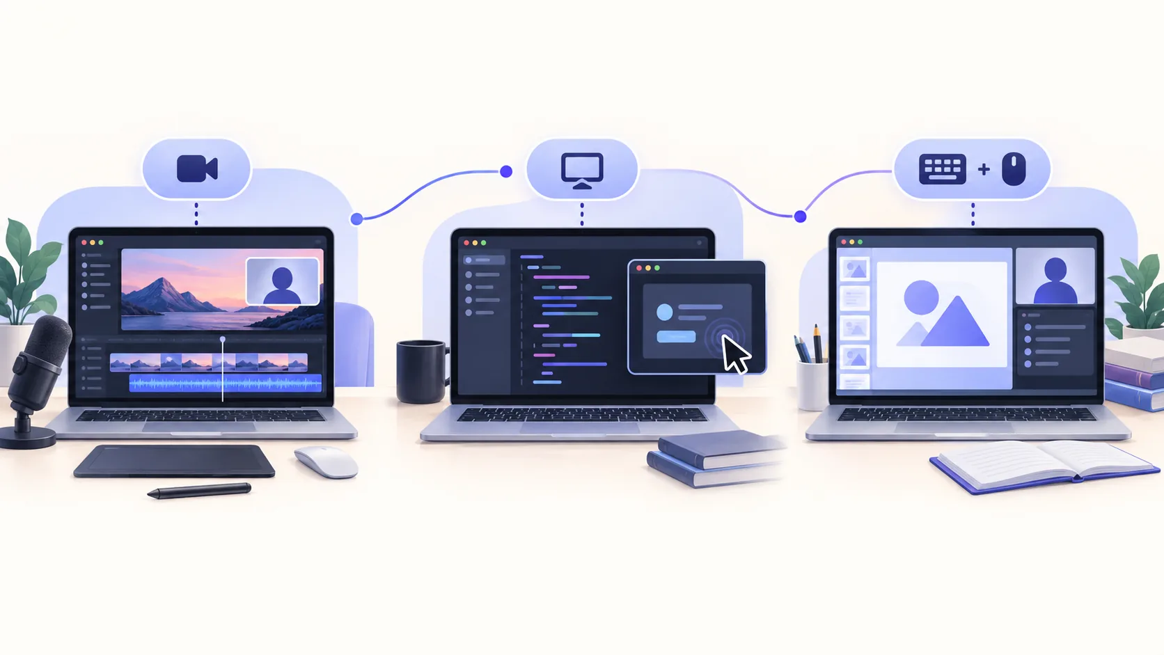 A Mac workspace showing different recording paths for tutorials, demos, and lessons