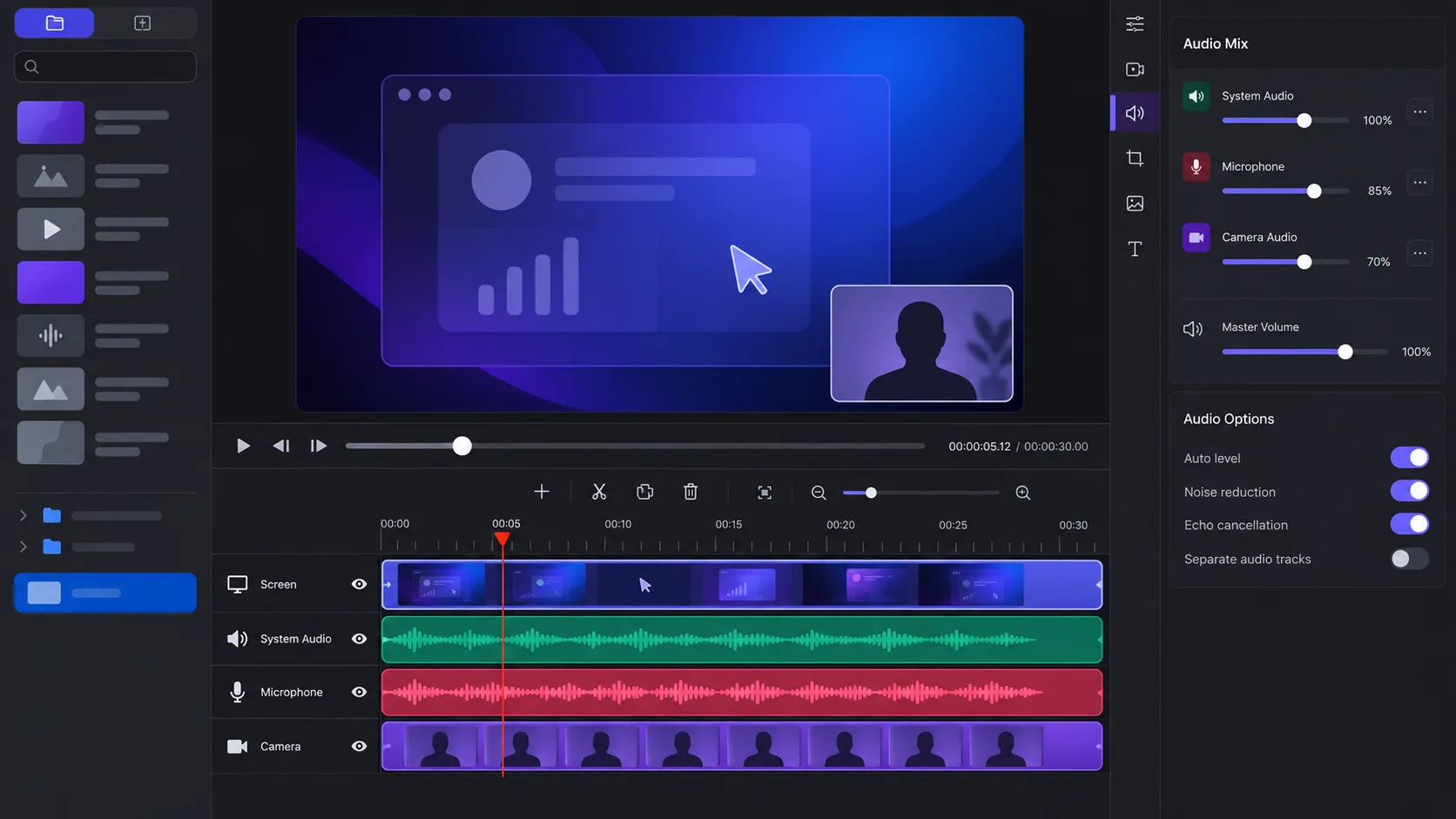 Inspector Audio của ScreenTale với control riêng và không có nội dung riêng tư