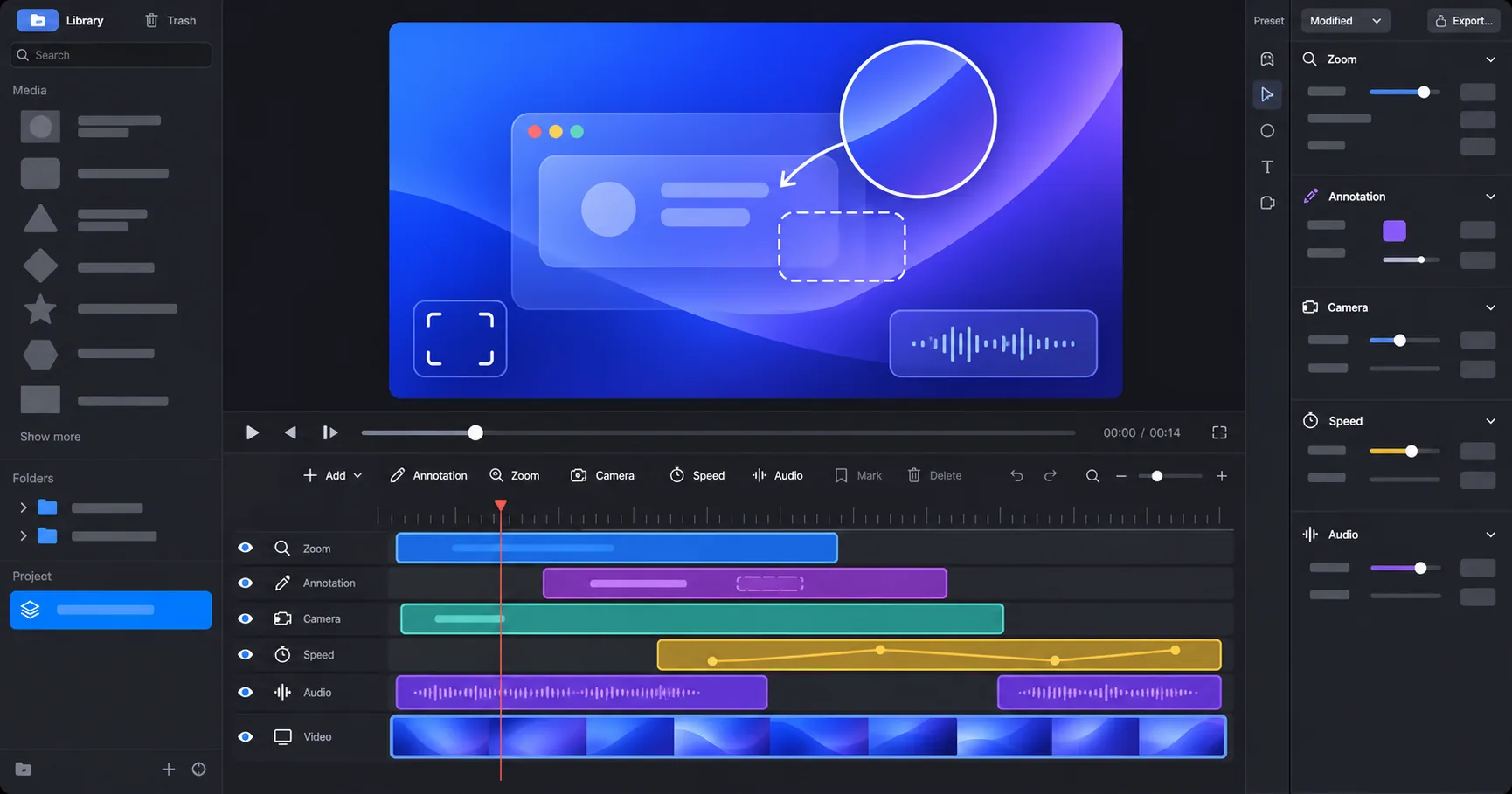 ScreenTale editor timeline with clean generated content and no private project names