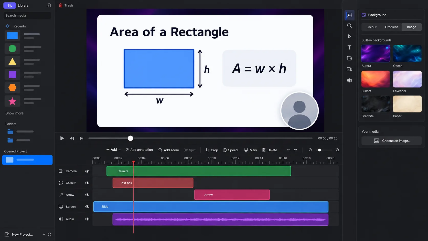 A clean ScreenTale course-editing project with camera, screen, and lesson segments