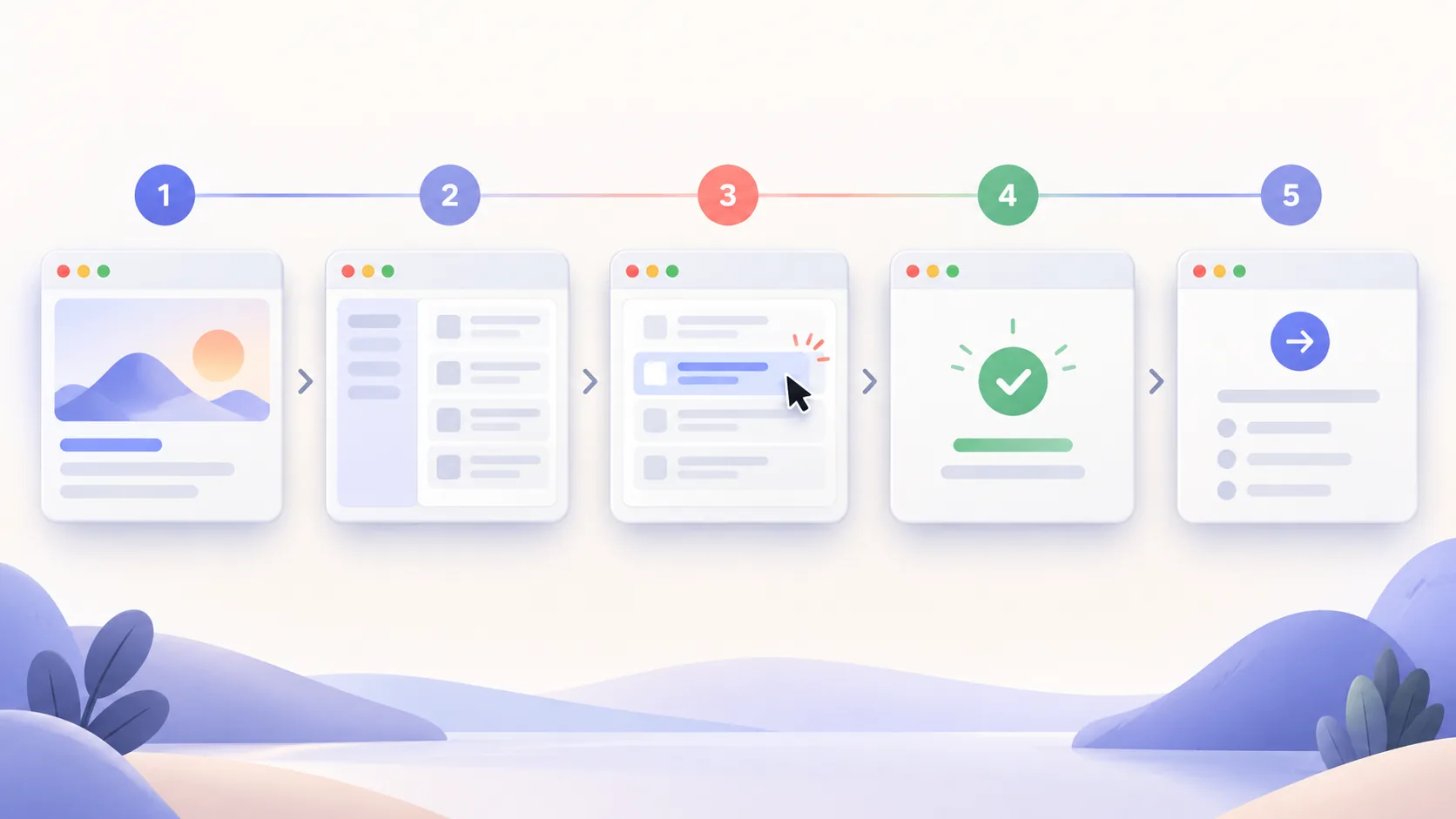 Five-step storyboard for a focused product demo
