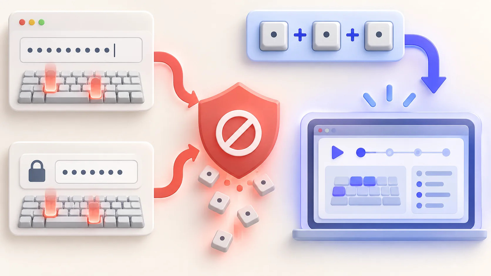 Safe-keystroke decision path that blocks passwords and keeps intentional shortcuts