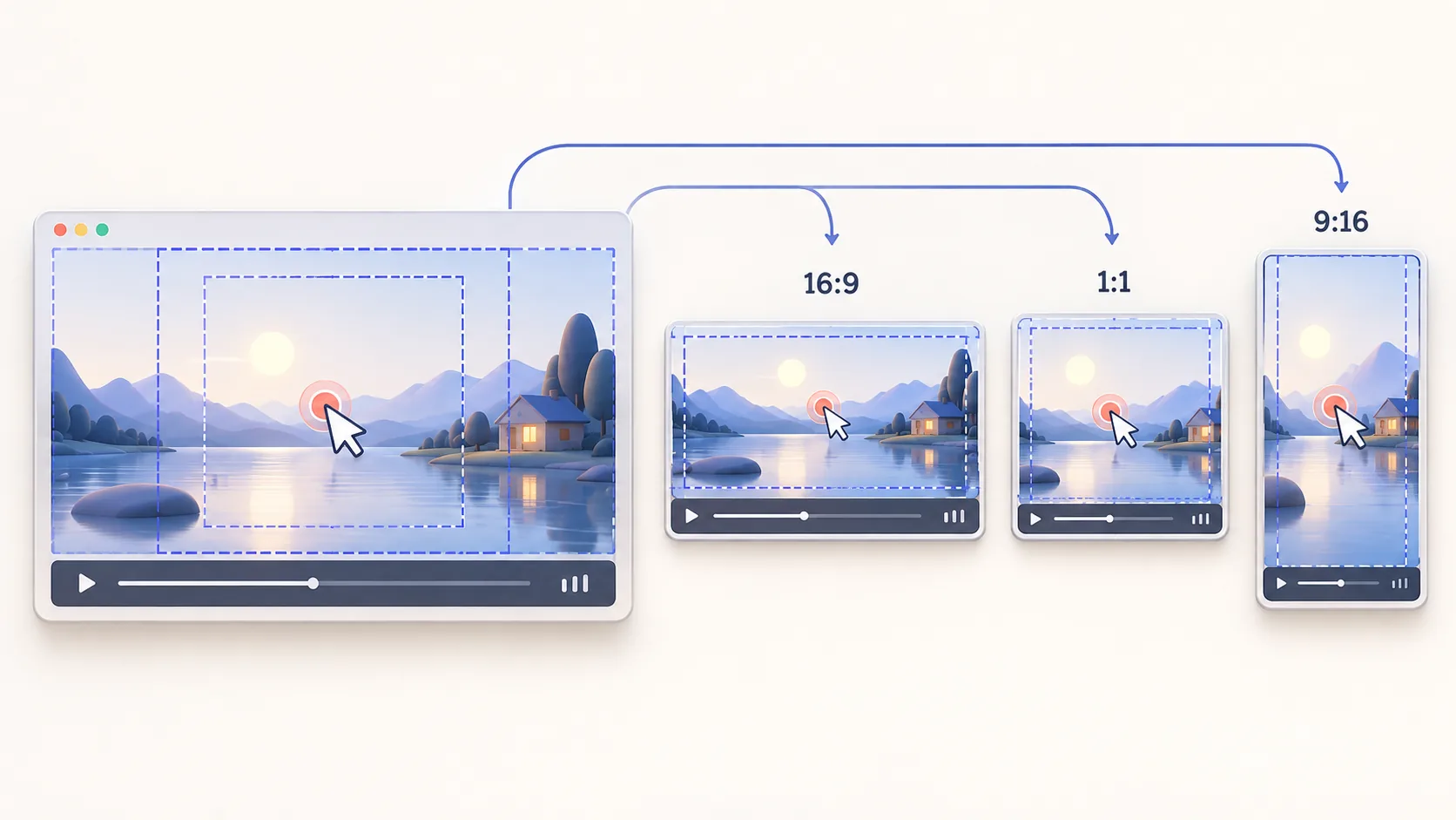 Safe-area guides adapting one cursor action to 16 by 9, 1 by 1, and 9 by 16