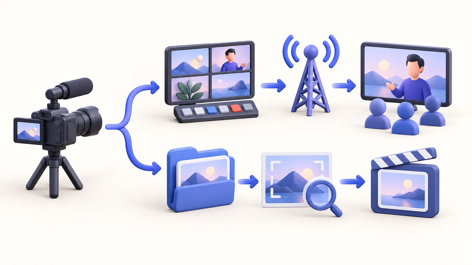 Capture branches into live broadcasting or project editing and a saved movie