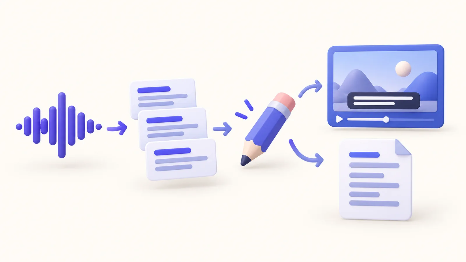 Audio becomes draft captions, reviewed text, and video or subtitle-file outputs