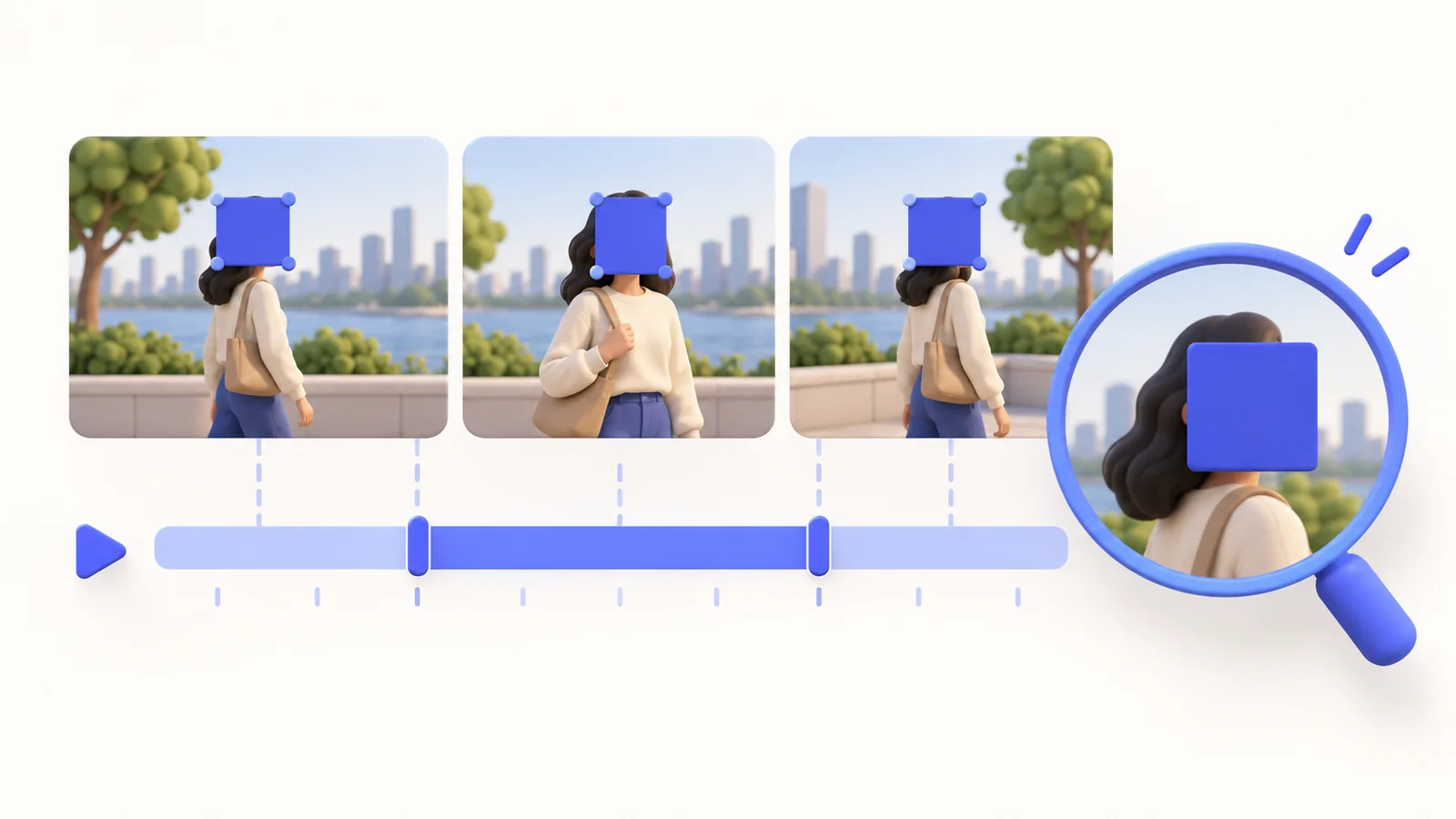 A selected privacy region remains covered across three frames and a timeline interval