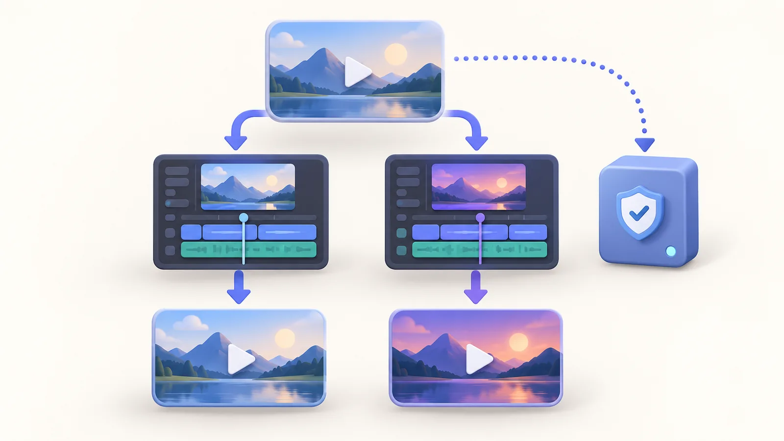 An original recording branches into two project revisions and separate exported movies