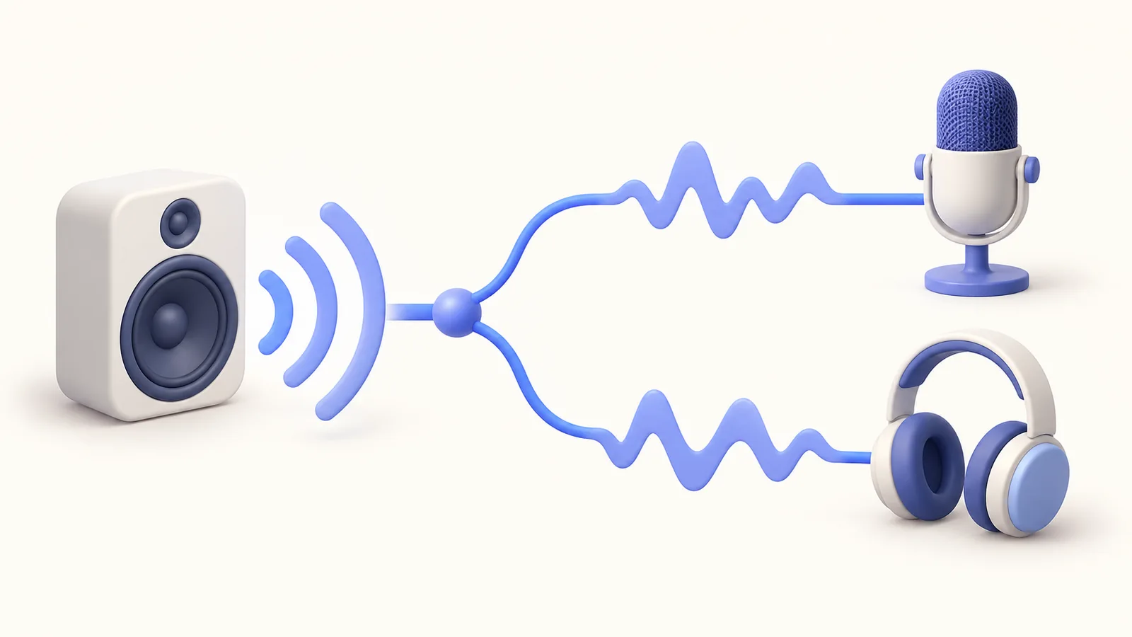 Speaker sound reaches a microphone on one path while headphones separate another path