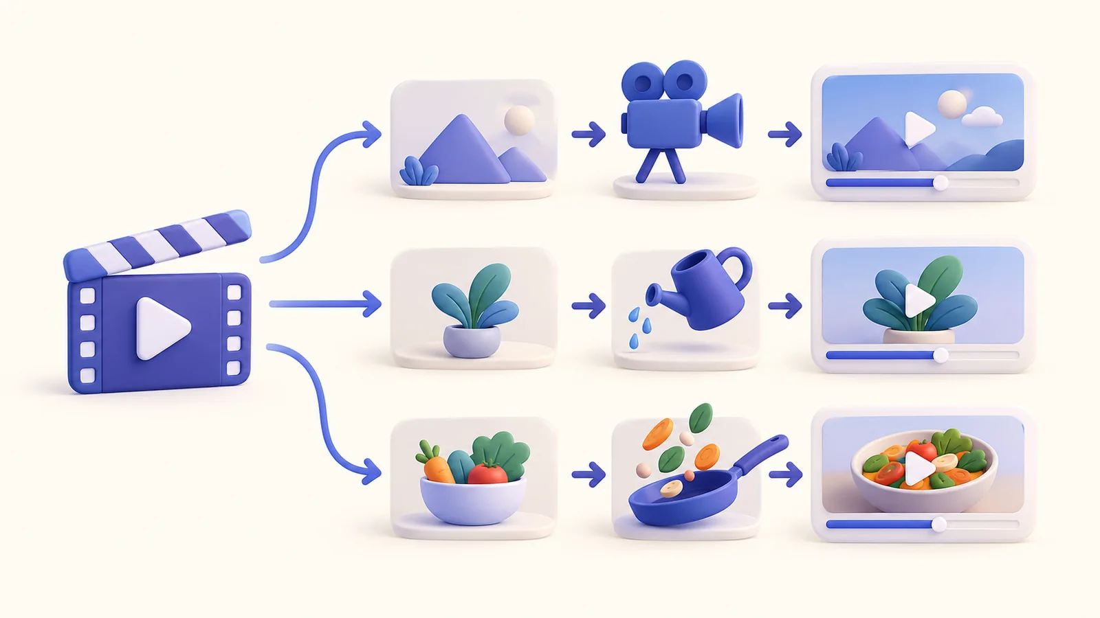 A project branches into clips that each retain context, action, and a result