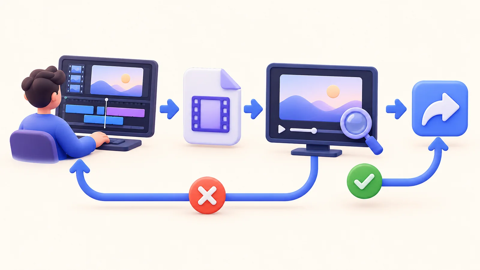 Editing leads to a movie, review, and sharing, with a return path for corrections